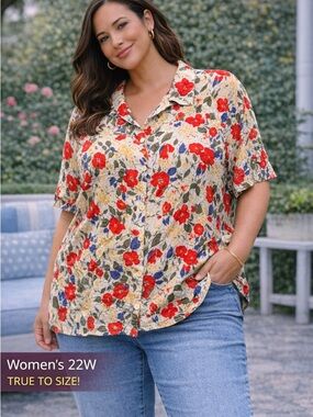 Kathie Lee Collection Cream Button-Down Top with Red & Blue Floral Print 22W